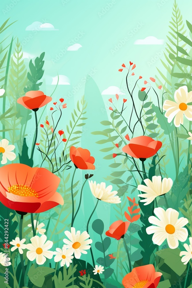 Vibrant illustration of a blooming garden with colorful wildflowers, daisies, and greenery under a bright, clear sky.