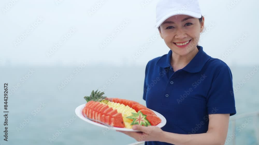 Portrait of Happy Asian woman waitress holding fresh fruit on serving dish for serving to passenger tourist travel on luxury catamaran boat yacht sailing in the ocean on summer beach holiday vacation. Portrait of Happy Asian woman waitress holding fresh fruit on serving dish for serving to passenger tourist travel on luxury catamaran boat yacht sailing in the ocean on summer beach holiday vacation.