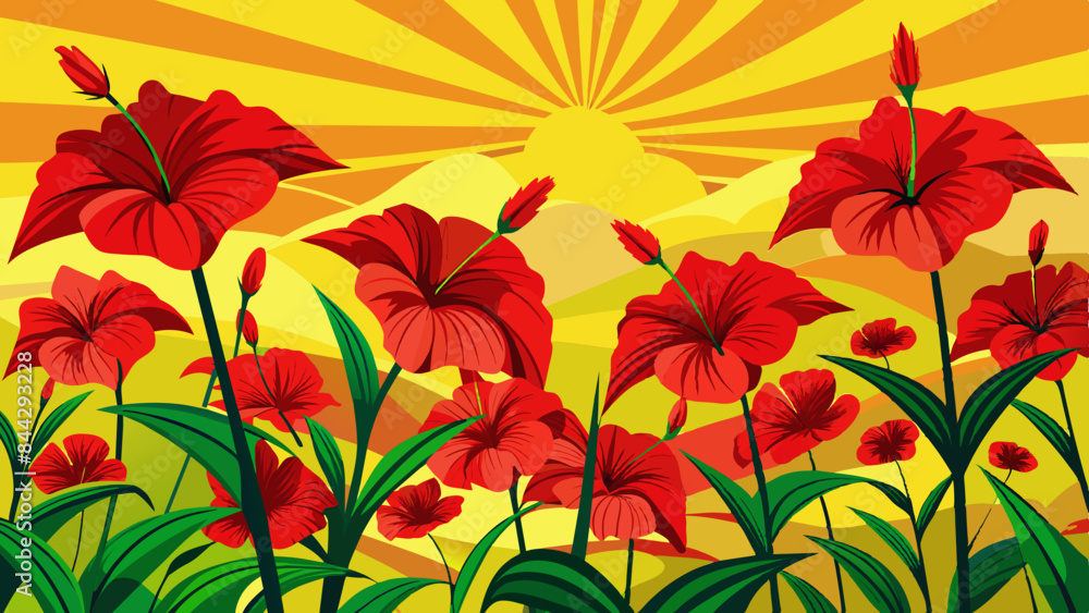 A field of red hibiscus flowers (Juneteenth flower) swaying gently in the breeze against a bright yellow sky. A field of red hibiscus flowers (Juneteenth flower) swaying gently in the breeze against a bright yellow sky.