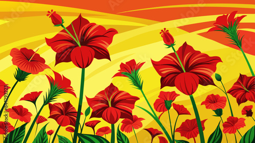 A field of red hibiscus flowers (Juneteenth flower) swaying gently in the breeze against a bright yellow sky.