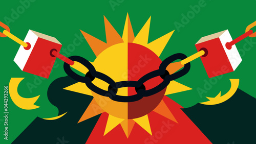 Shackles breaking apart, colored in red, yellow, and green, symbolizing Juneteenth's liberation.