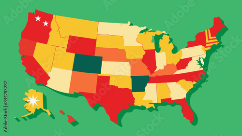 A map of the United States, highlighting the states that celebrated Juneteenth first, colored in red, yellow, and green.
