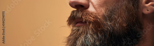 Close-up of a man's beard with textured beige background. World Beard Day celebration. Male grooming and facial hair styling. Banner and poster, brochure and flyer design.