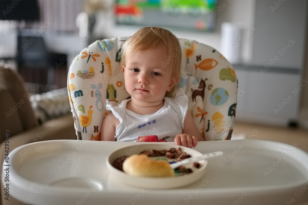 Adorable little girl sitting in high chair and eating Adorable little girl sitting in high chair and eating