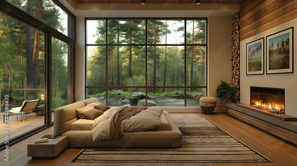Naklejka premium The luxurious bedroom by the in a forest full of trees has a white fireplace,