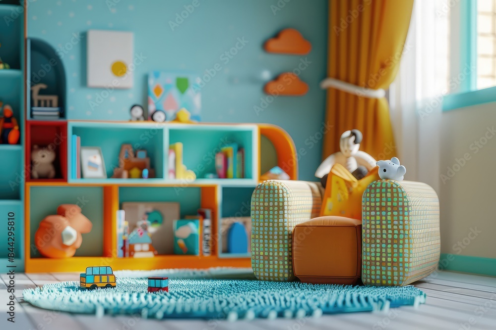 Brightly colour rug in a child room with a teddy bear Brightly colour rug in a child room with a teddy bear