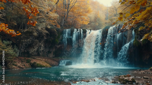 Travel to the beautiful Colorful majestic waterfall in national park forest during autumn, soft water of the stream in the natural park photo