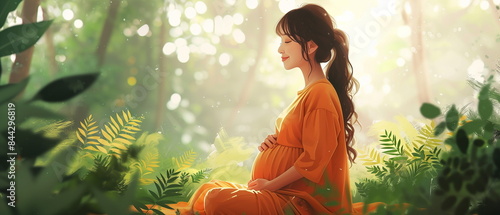 Banner of a pregnant woman making appropriate postures for her baby in the womb, relaxation of a new mother, preparation for pregnancy, homeopathy, photo