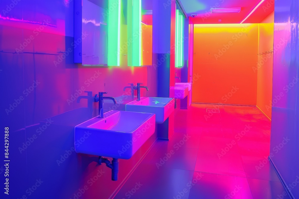 Stylish minimalist bathroom with striking neon accents and clean modern lines Stylish minimalist bathroom with striking neon accents and clean modern lines