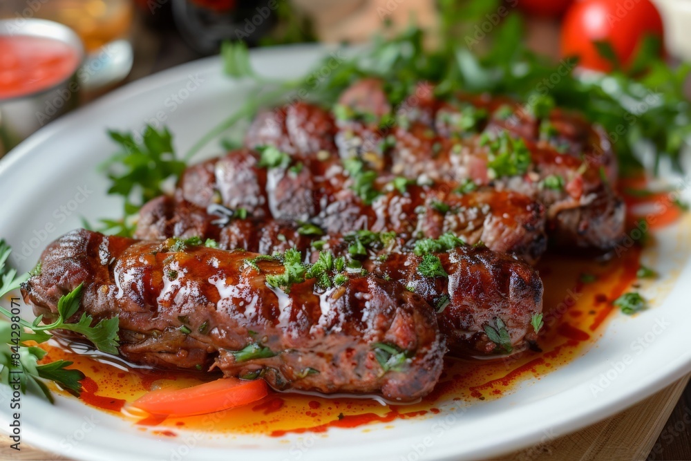 A succulent grilled steak garnished with chopped herbs and drizzled with a red sauce, served on a white plate