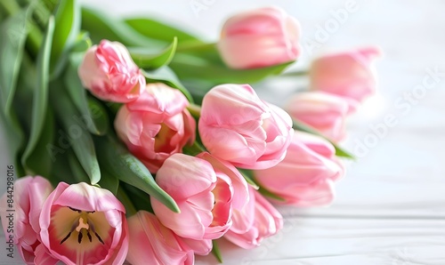 fresh spring pink tulips bouquet on white table, Generative AI
