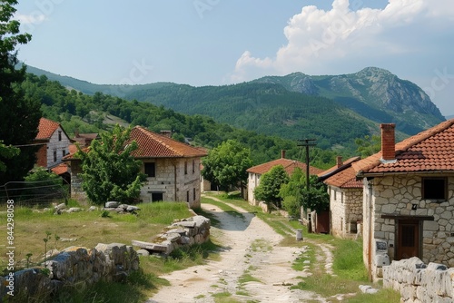 Wallpaper Mural Old rural street lined with ancient stone buildings and leading towards distant mountains under a blue sky Torontodigital.ca
