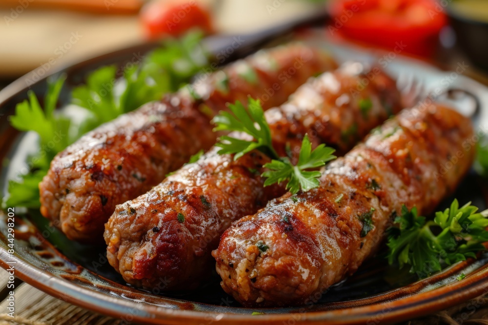 Savory juicy grilled sausages garnished with fresh parsley, served on a rustic plate Savory juicy grilled sausages garnished with fresh parsley, served on a rustic plate