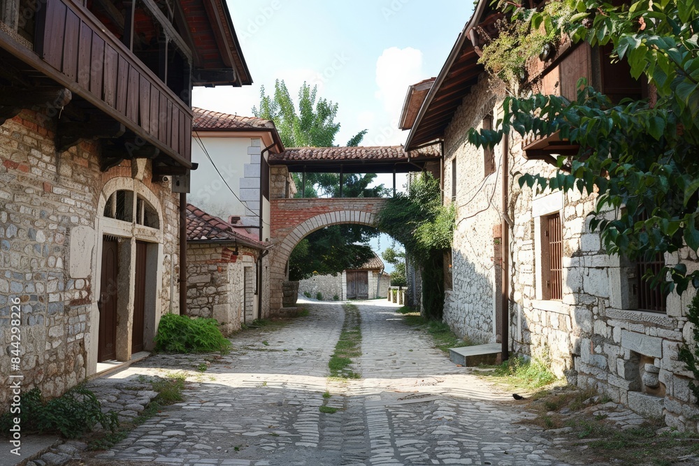 A charming old village street lined with traditional stone buildings, featuring a cobblestone road and wooden balconies A charming old village street lined with traditional stone buildings, featuring a cobblestone road and wooden balconies