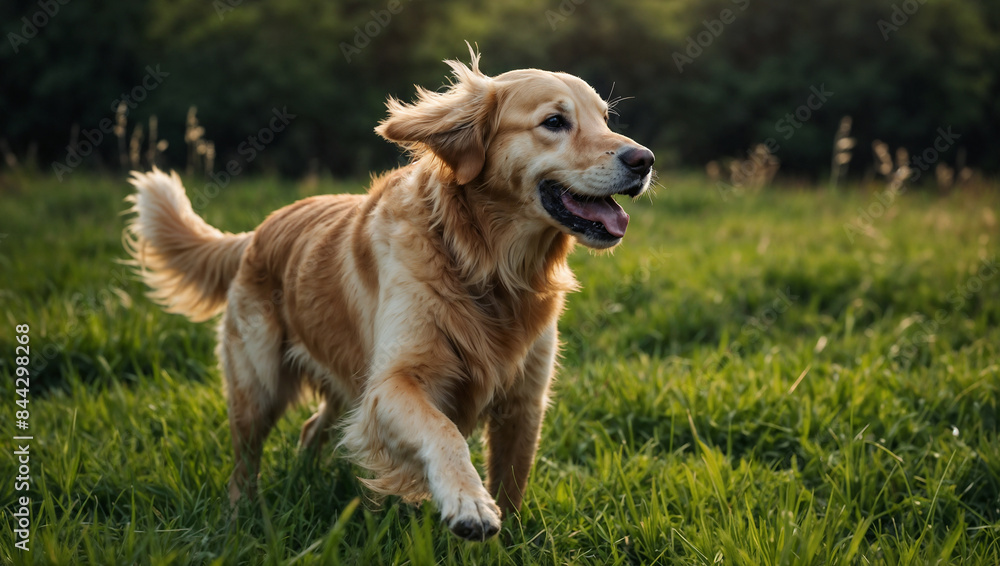 Cane di razza Golden retrive corre felice in un prato verde Cane di razza Golden retrive corre felice in un prato verde