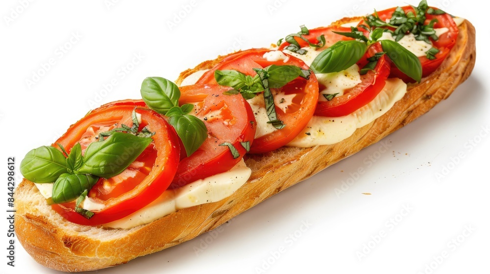Isolated white background Mozzarella tomato baguette with basil Isolated white background Mozzarella tomato baguette with basil