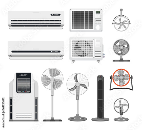 Air conditioners and fans ventilators cool and heat equipment climate control set isometric vector