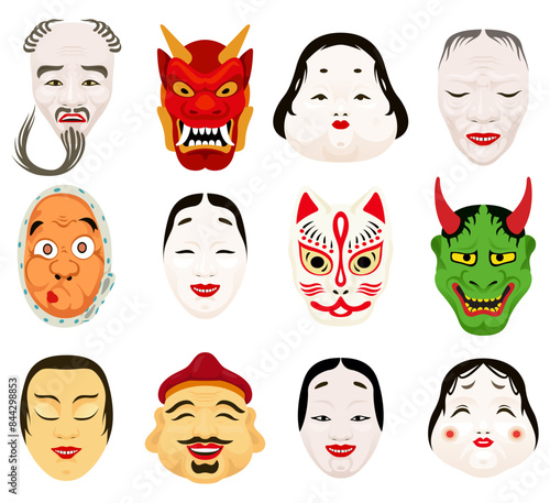 Asian carnival mask Japanese Kabuki theater ethnic costume set vector flat illustration