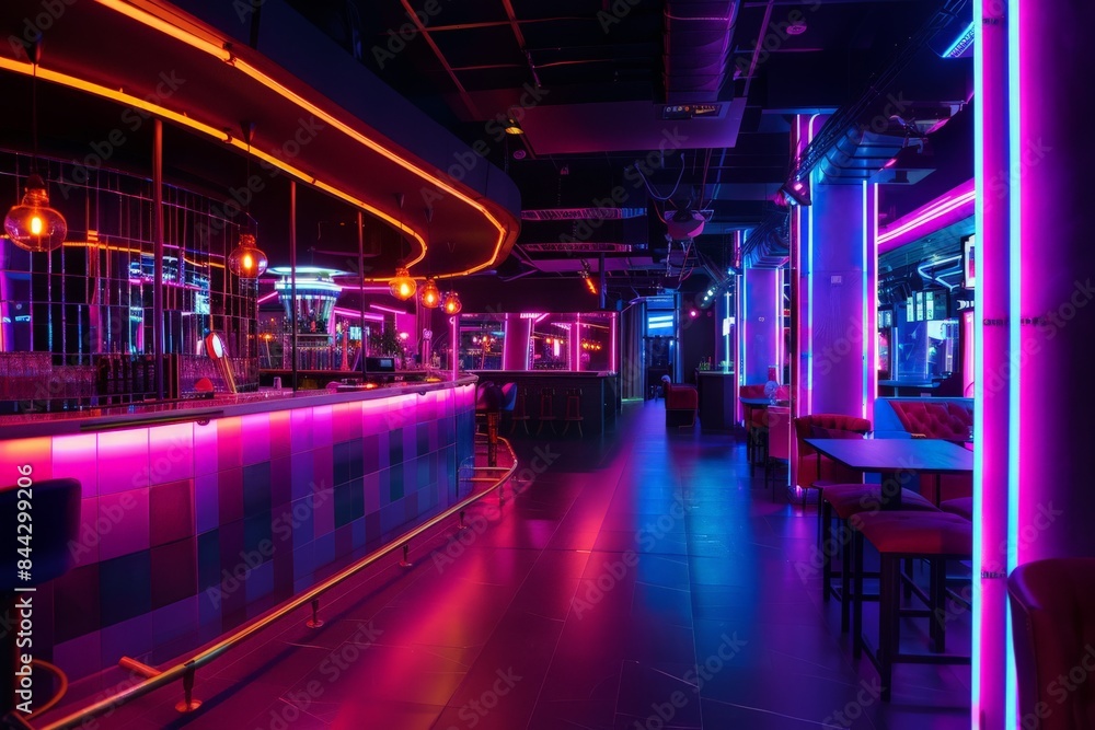 An empty nightclub with vibrant neon lighting and a contemporary design, capturing the lively atmosphere of nightlife An empty nightclub with vibrant neon lighting and a contemporary design, capturing the lively atmosphere of nightlife