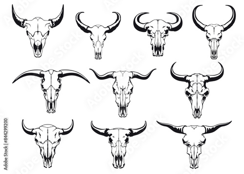 Buffalo skull hand drawn black silhouette cow head bone with horns set vector flat illustration