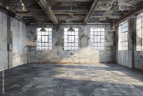 A vacant event space with industrial features like exposed ceiling fixtures and concrete floors and walls