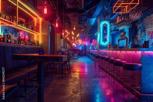 A chic bar area with intricate neon lighting and a stylish ambiance