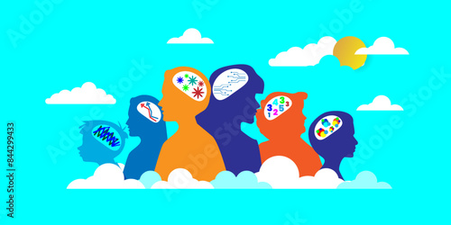 Neurodiversity banner, People with different mindsets, Human mind and experience diversity Concept With icons. Cartoon Vector People Illustration
Vector Formats