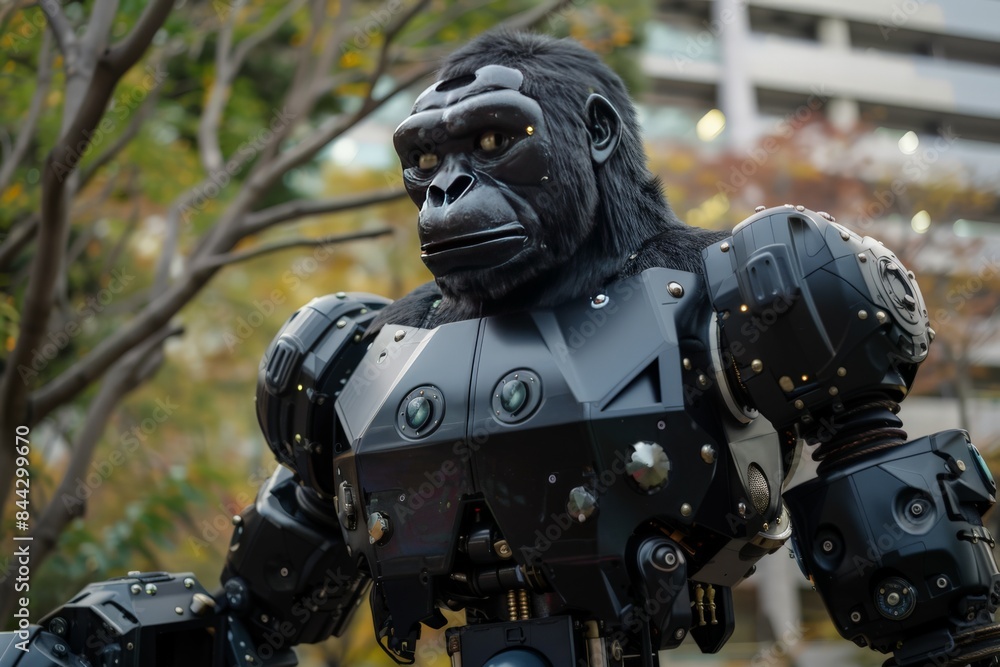 A unique depiction of a gorilla-inspired robot with a blurred face, set in an urban backdrop A unique depiction of a gorilla-inspired robot with a blurred face, set in an urban backdrop