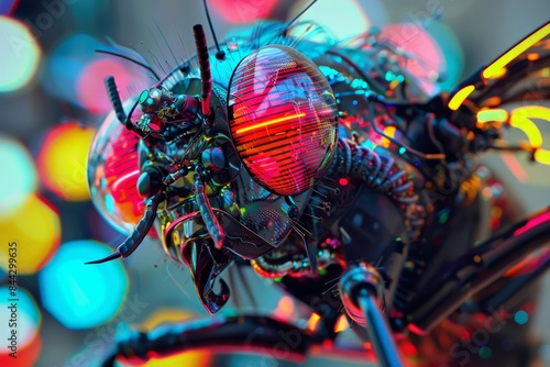An intricate representation of a robotic fly with detailed mechanical parts  circuitry eyes and a reflective  colorful background