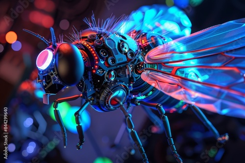 A highly detailed 3D illustration of a cybernetic fly showing mechanical parts and illuminated wings with vibrant colors © ChaoticMind