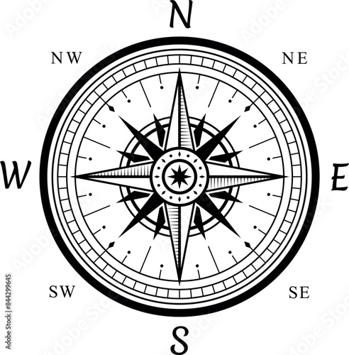 Marine compass map retro Rose Wind travel navigation black monochrome line vector illustration