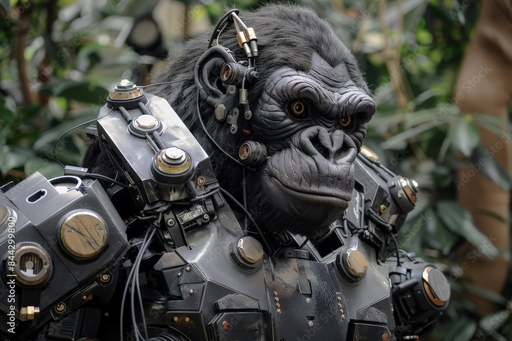 Fototapeta premium A close-up view of a robotic primate's face among lush green foliage