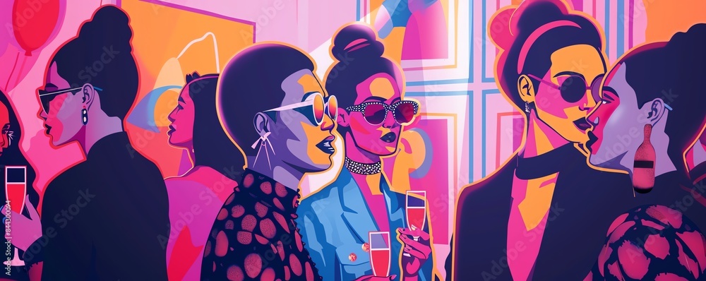 Fototapeta premium Vibrant digital illustration of stylish women socializing at a lively party, featuring bold colors, trendy outfits, and a dynamic atmosphere.