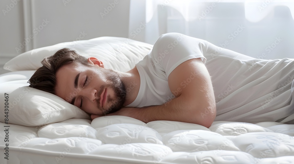 Relaxed Man Resting on Cozy Mattress in Calming Atmosphere Relaxed Man Resting on Cozy Mattress in Calming Atmosphere