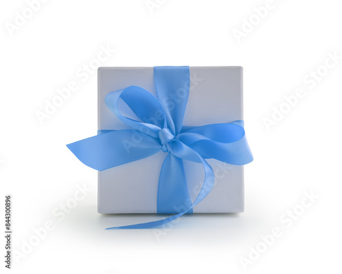 White gift box with blue ribbon bow isolated on white background