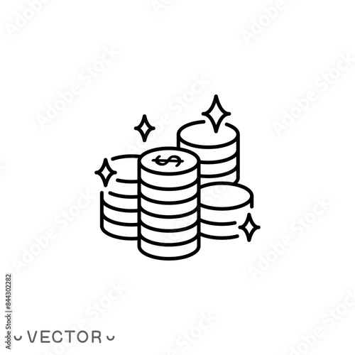 stack coin icon, money pile, financial loan, income in dollars, silhouette currency, thin line symbol isolated on white background, editable stroke eps 10 vector illustration