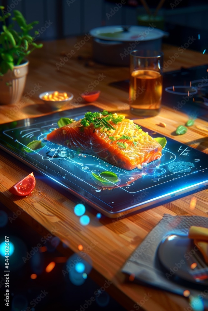 Futuristic AI Hologram Tablet Displaying Intriguing Food Recipes for Modern Cooks Futuristic AI Hologram Tablet Displaying Intriguing Food Recipes for Modern Cooks