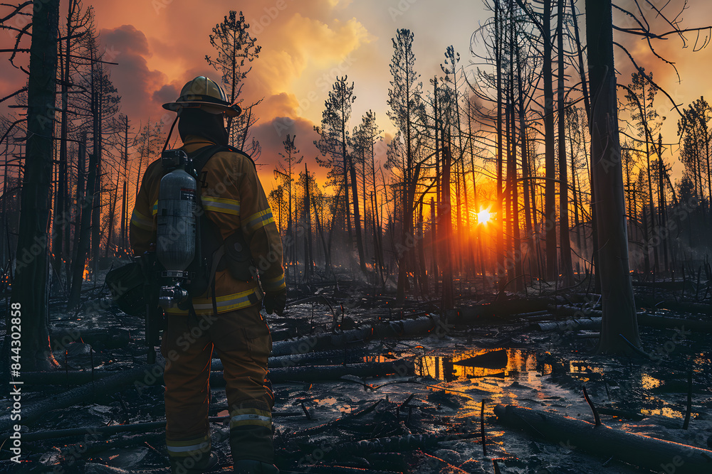 Firefighter in protective gear observing a burning forest Firefighter in protective gear observing a burning forest