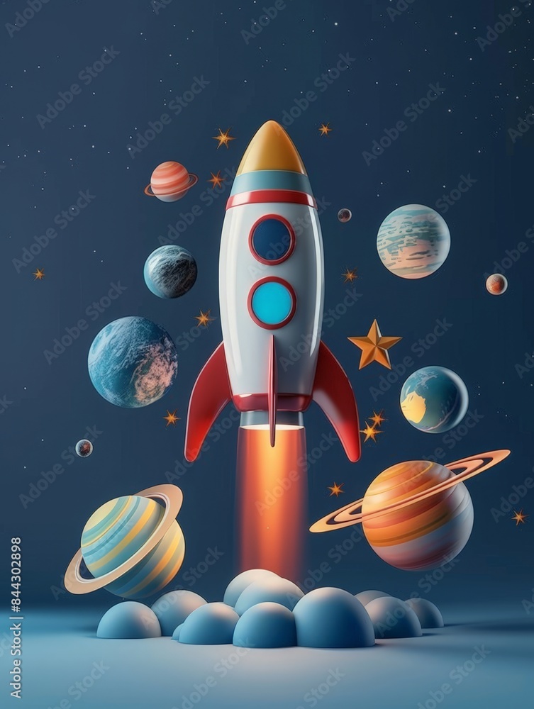 Adorable 3D Spaceship Exploration Among Planets, Stars & Dark Blue Universe with Gray Floor on Isolated Background Adorable 3D Spaceship Exploration Among Planets, Stars & Dark Blue Universe with Gray Floor on Isolated Background