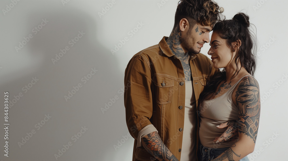 Fototapeta premium The image features a cheerful couple with tattoos, both smiling brightly.