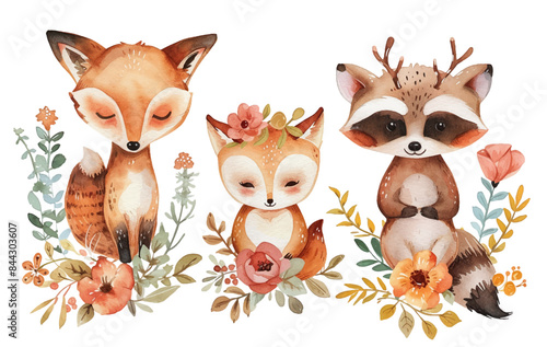 Watercolor illustration of cute woodland animals with floral elements, featuring a fox, deer, and raccoon, ideal vector for children's decor
