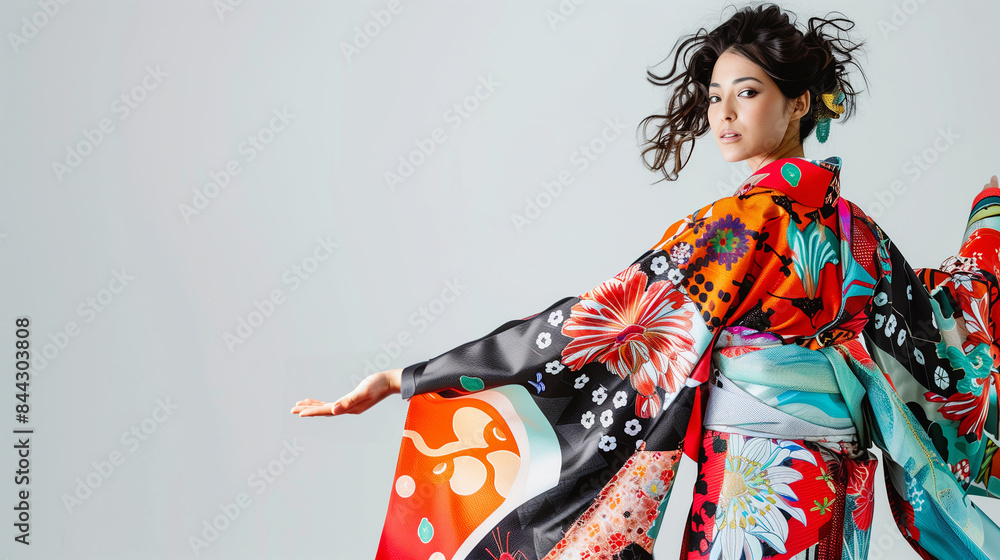 A stylish Japanese woman dressed in a vibrant kimono, captured in motion. The colorful and intricate patterns of the kimono create a dynamic and elegant visual, emphasizing traditional Japanese A stylish Japanese woman dressed in a vibrant kimono, captured in motion. The colorful and intricate patterns of the kimono create a dynamic and elegant visual, emphasizing traditional Japanese