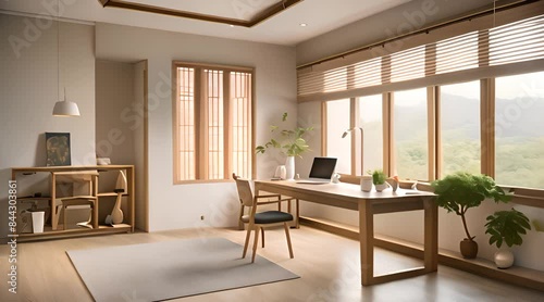 3D of a simple, quiet workroom or reading room.