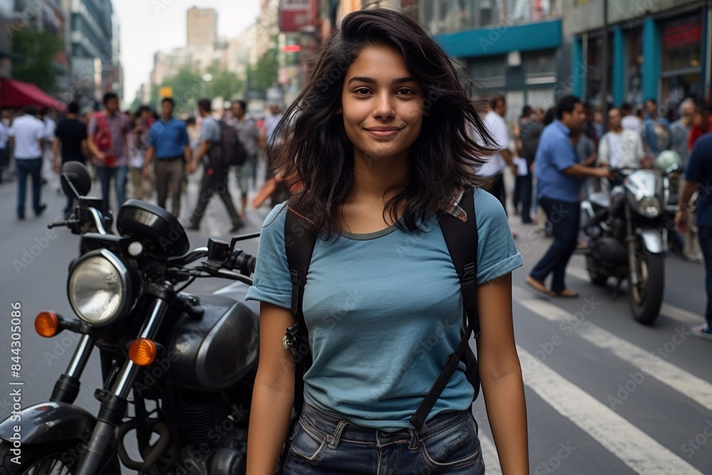 A woman is standing on a street with a motorcycle in the background A woman is standing on a street with a motorcycle in the background