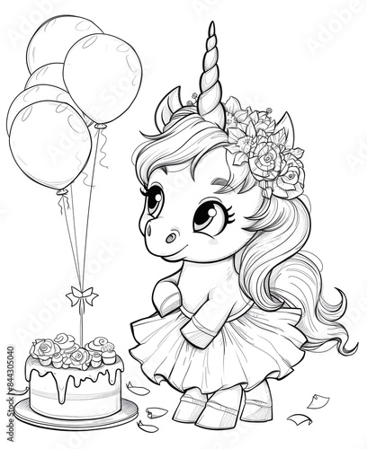 Cute and joyful Birthday unicorn with cake and balloons. Coloring book page.