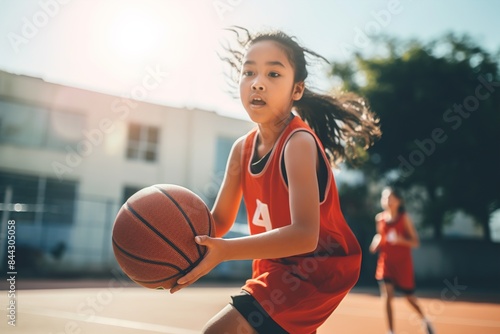A young girl in a red jersey is holding a basketball and running