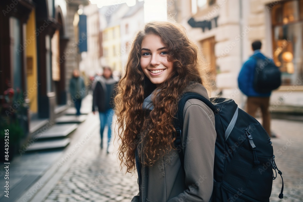 A woman with long hair is smiling and wearing a backpack A woman with long hair is smiling and wearing a backpack