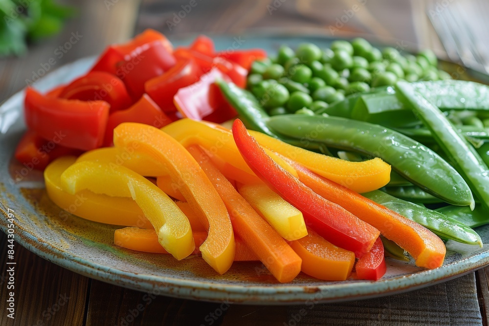 A clean photo of a plate of colorful vegetables like bell peppers, carrots, and snap peas. Emphasize the variety and the visually appealing, health-promoting aspects of eating fresh vegetables A clean photo of a plate of colorful vegetables like bell peppers, carrots, and snap peas. Emphasize the variety and the visually appealing, health-promoting aspects of eating fresh vegetables