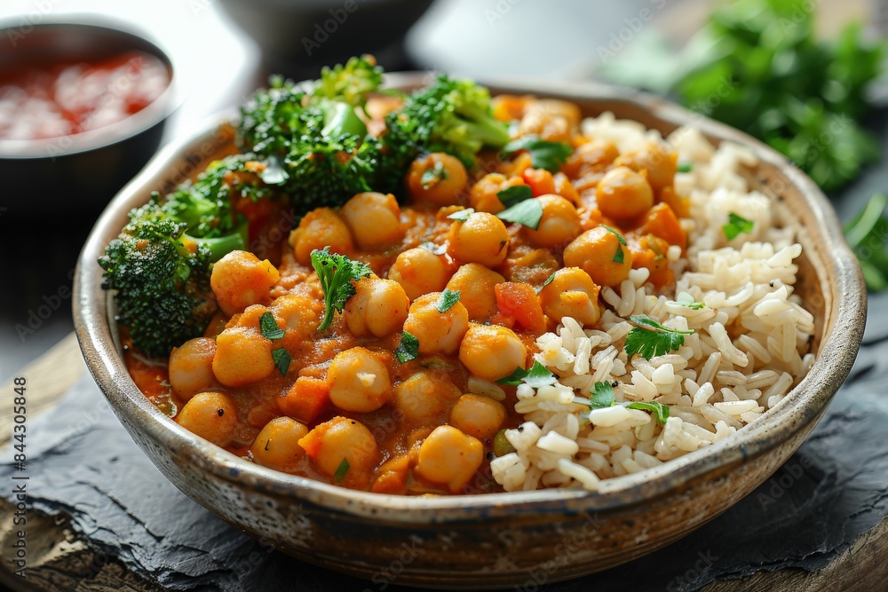 A clean photo of a vegetarian meal featuring a chickpea curry with brown rice and steamed broccoli. Emphasize the vibrant colors and balanced nutrition of plant-based eating A clean photo of a vegetarian meal featuring a chickpea curry with brown rice and steamed broccoli. Emphasize the vibrant colors and balanced nutrition of plant-based eating
