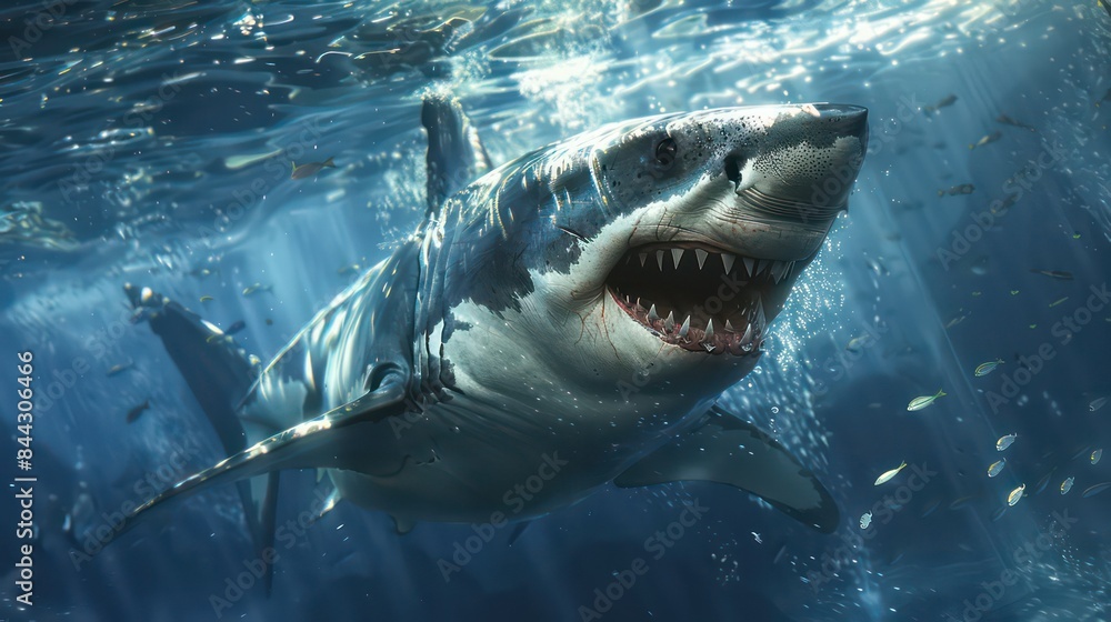 Naklejka premium Menacing Great White Shark with Open Jaws, Powerful Great White Shark Hunting in Its Natural Habitat